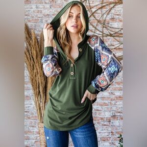 Heimish Full Size Half Button Printed Long Sleeve Hooded Top